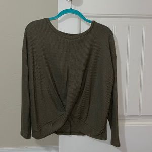Dark green waffle knit sweater with knot in front